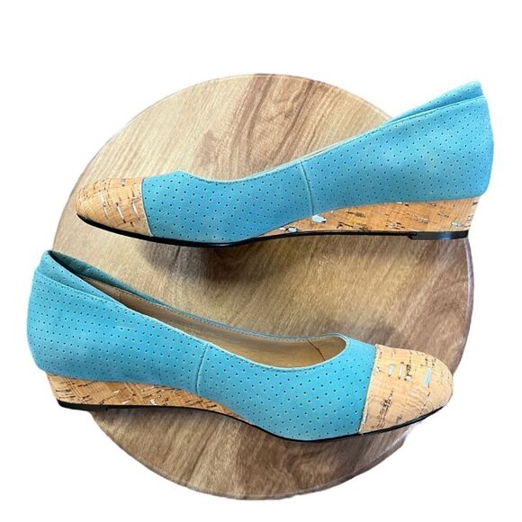 Donald J. Pliner | Cork Heel Toe Blue Turquoise Wedge Slip On Shoes 7 - Picture 7 of 9
